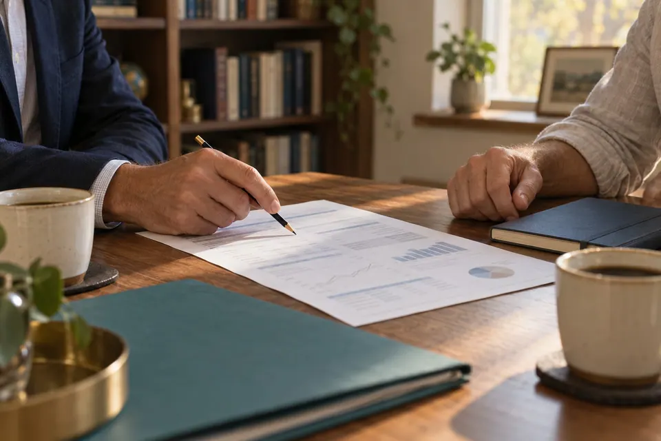 An advisor pointing to a line on a printed financial report with a pencil while a business owner listens across the desk