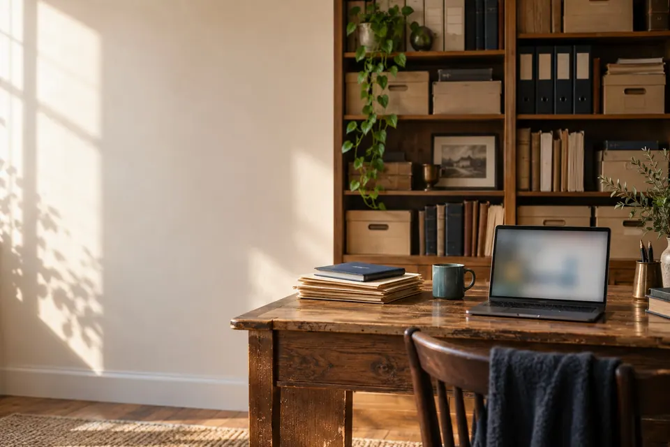 A small business records room in morning light: wooden shelves of archive boxes and binders behind a worn desk with folders, a laptop and a teal mug