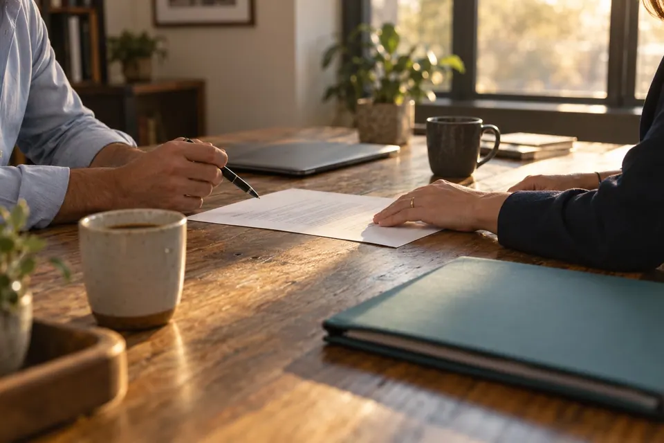 Two people at a sunlit wooden table reviewing a printed agreement, one holding a pen, a teal folder and coffee cups between them