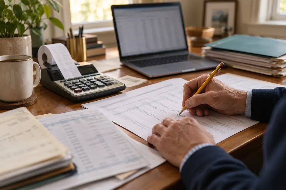An accounting desk at month-end: reconciliation schedules, a printing calculator, a pencil and a stack of client folders