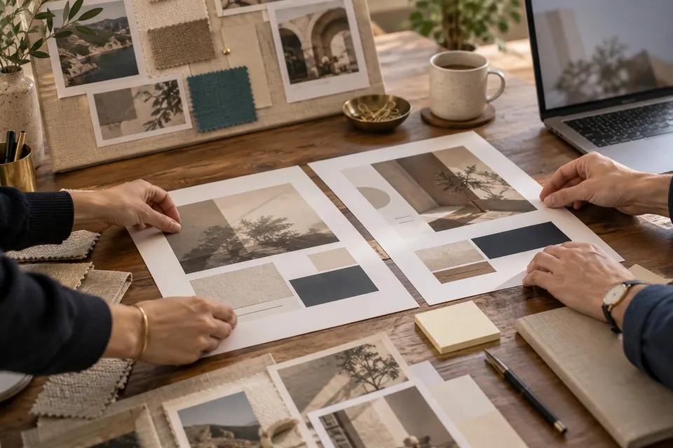 An agency studio table with printed layouts, a mood board, fabric swatches and sticky notes