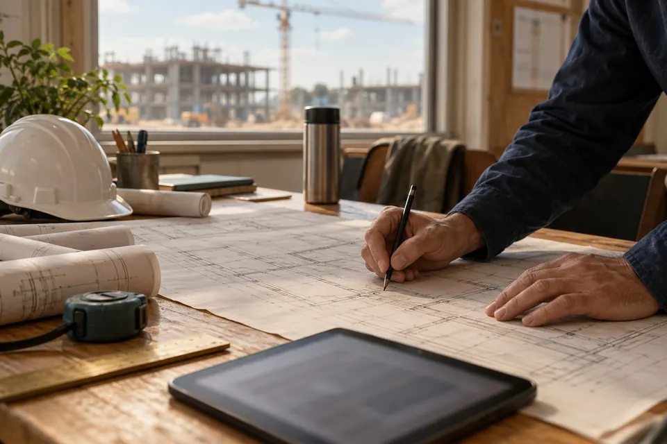 A site office table with blueprints, a hard hat and a tape measure, a construction crane blurred through the window