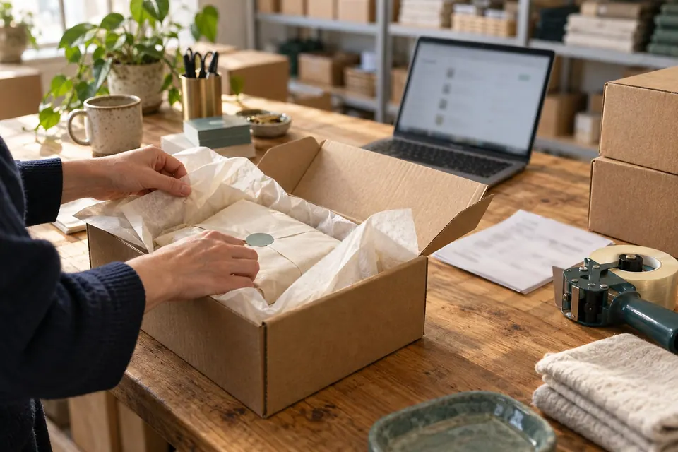 A packing station with kraft boxes, tissue paper and a tape gun, an order dashboard blurred on a laptop