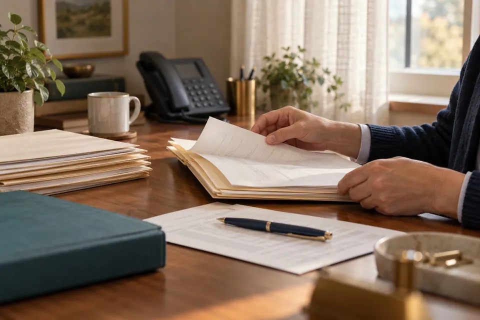 An insurance agency desk with neatly stacked policy and claim folders, a desk phone and a pen