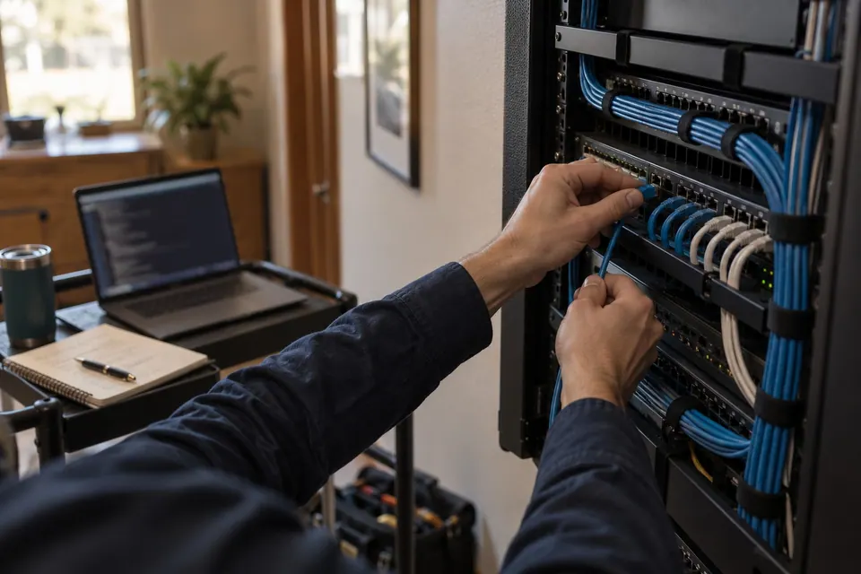 A technician connecting a patch cable in a tidy network rack beside a laptop on a cart