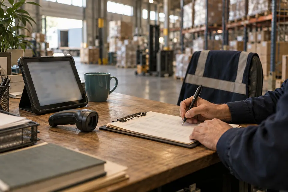 A warehouse dispatch desk with a clipboard of shipping manifests and a barcode scanner, pallet racking behind