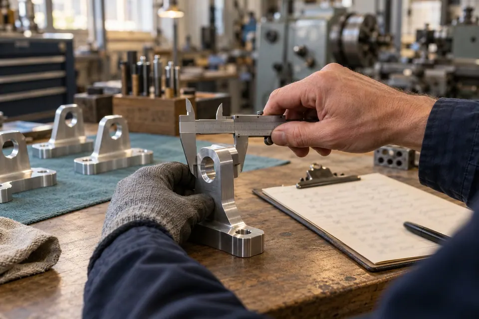 Steel calipers measuring a machined aluminum bracket at an inspection bench beside a checklist