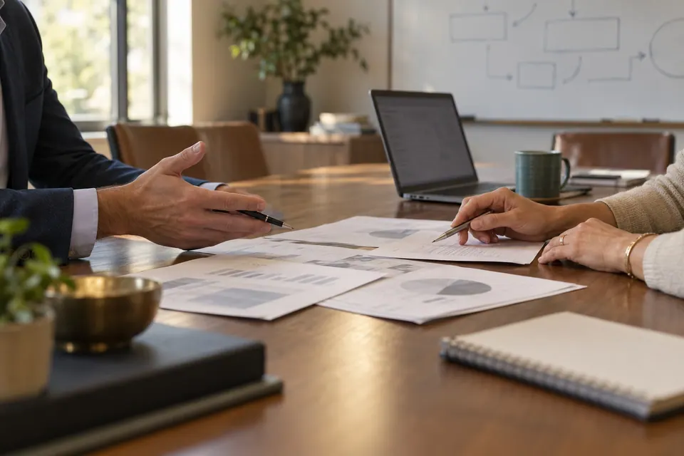 Two people discussing printed client reports across a long conference table