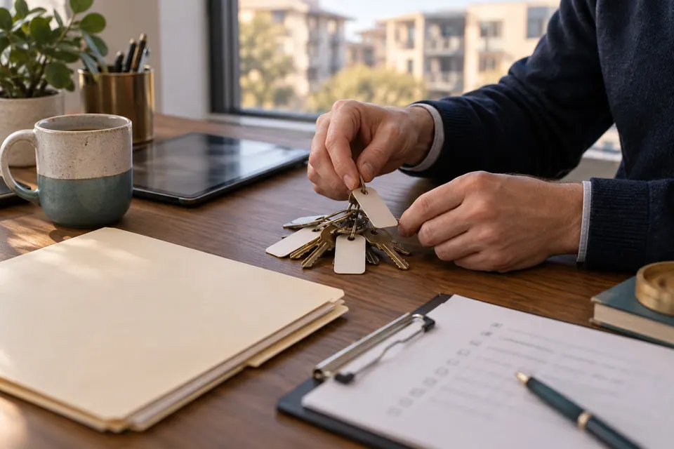 A property management desk with a ring of keys, a lease folder and a maintenance checklist