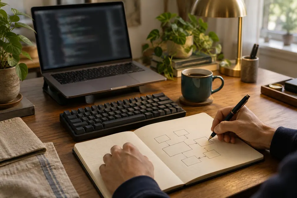 An engineering desk with blurred code on a laptop and a notebook of hand-drawn system diagrams
