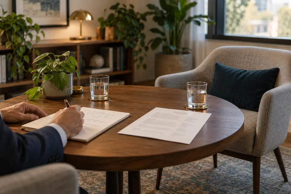 A small round table set for an interview, with a resume, a notepad and two glasses of water