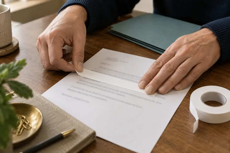 Hands pressing blank correction tape over lines of a printed email, with a teal folder nearby