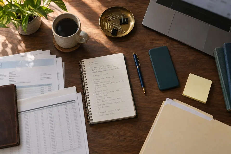 Top-down view of a walnut desk with invoices, a ledger, handwritten notes, a phone and a manila folder: the everyday records of a business