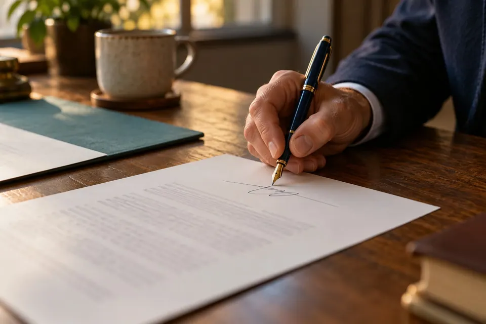 A hand signing a printed agreement with a navy fountain pen on a wooden desk