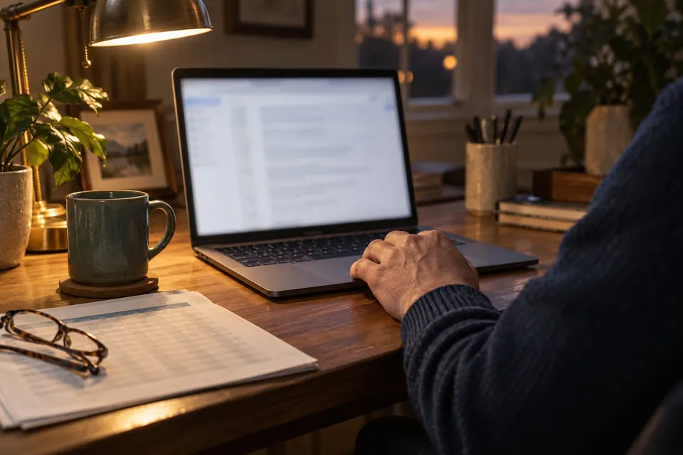 An owner at a lamp-lit desk in the evening, hand near a laptop showing an unread email, reading glasses beside a printed spreadsheet